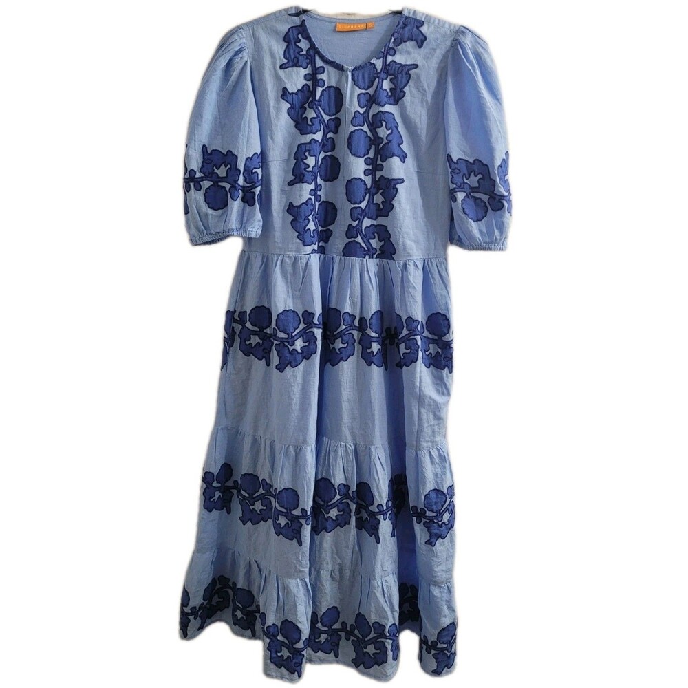 Oliphant Puff Sleeve Maxi Dress Small Tangier Blue Embroidered Cotton Boho
